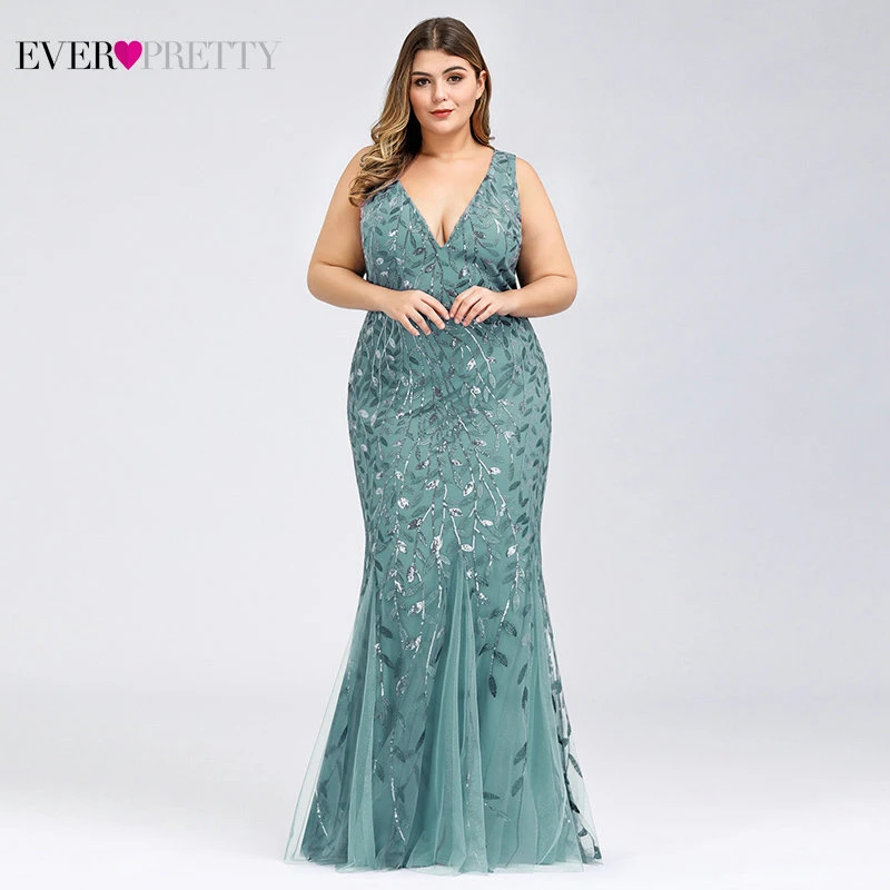 Elegant Plus Size Prom Dresses Long Ever Pretty Robe De Soiree Mermaid V Neck Sequined Wedding Party Gowns Vestidos De Fiesta