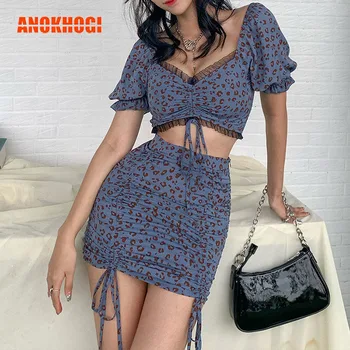 

Leopard Print Short Sleeve Women Top and Skirts Coordinates Ruched Elastic Deep V Ladies Clothing Set WT60