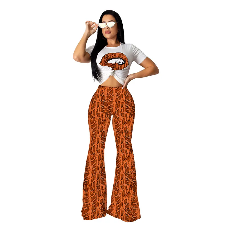 UIDEAZONE Leopard Mouth Print Women Two Piece Set Casual O Neck Pullover T Shirts Flare Pants Ladies 2Pcs Sets 2 Pieces Suits