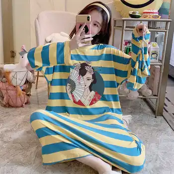 

XIZOU Oversized Autumn Loose Women Cartoon Sleepwear Leisure Long Sleeve Thin Nightgowns Printing Fruits Big Size Nightdress