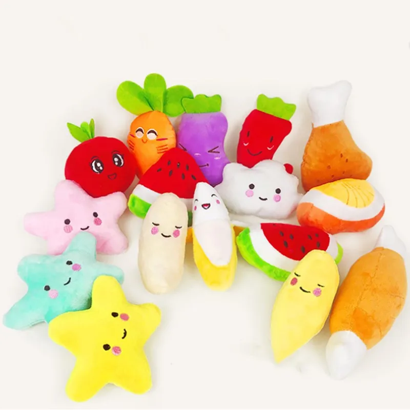 

1pc Sounding Puppy Dog Chew Toy Fruit Vegetable Chicken Drum Bone Squeak Toy for Cat Pets Plush Red Pepper Eggplant Radish