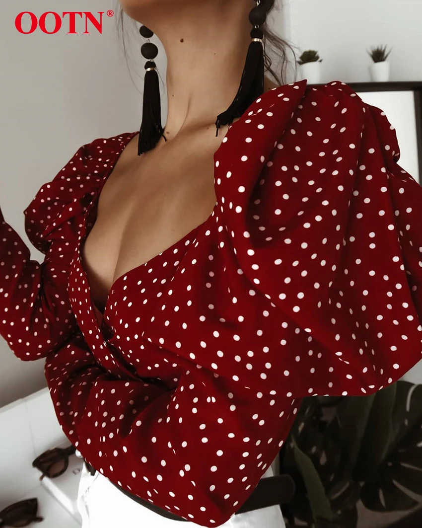 OOTN винтажный женский пышный Топ в горошек с длинным рукавом, элегантный, на шнуровке, красный короткий топ, блузка, сексуальная, открытая спина, шикарные женские рубашки