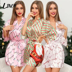 Sexy Robes Faux Silk Pajamas Bathrobe Kimono Sleepwear V-Neck Robe With Belt Women Home Clothes Nightgown Christmas Festiva Gift