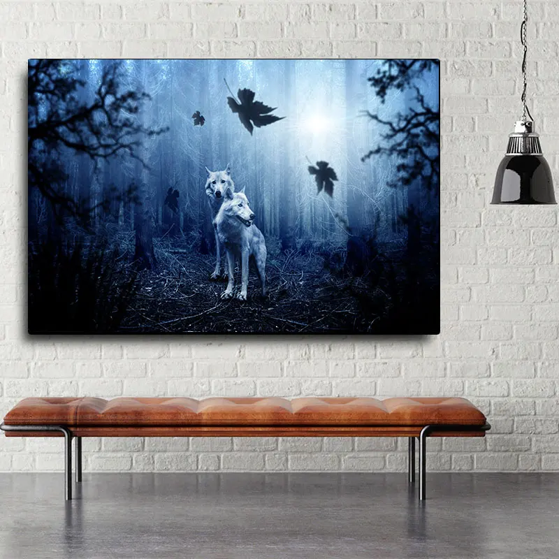 Animal Art Canvas Painting Two Wolves in Forest Pictures Wolf Posters and Prints for Living Room Decor Cuadros Wall Decoration