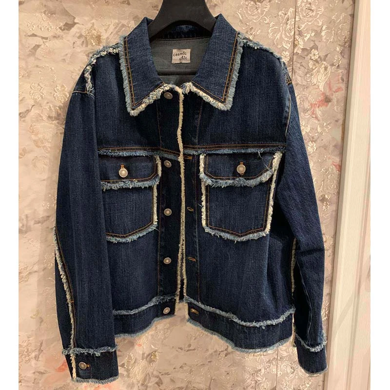 Ideal  Cosmicchic Women Fashion Jean Jacket Denim Coat Long Sleeve Single Breasted Frayed Cowboy Jacket Ba