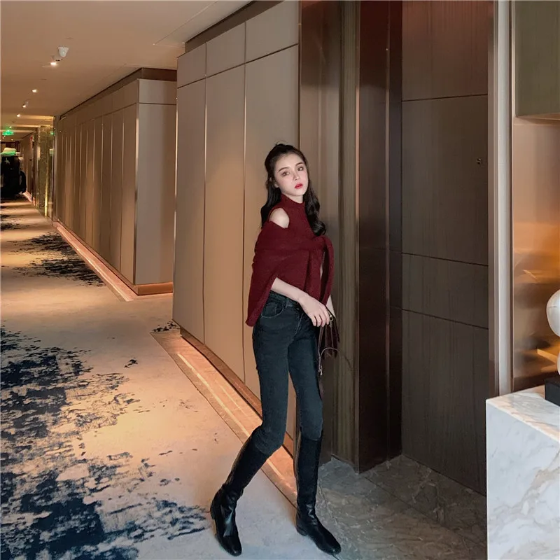 Korean version of the retro lazy wind new button cross V-neck sweater jacket+ half-high collar vest sweater two-piece