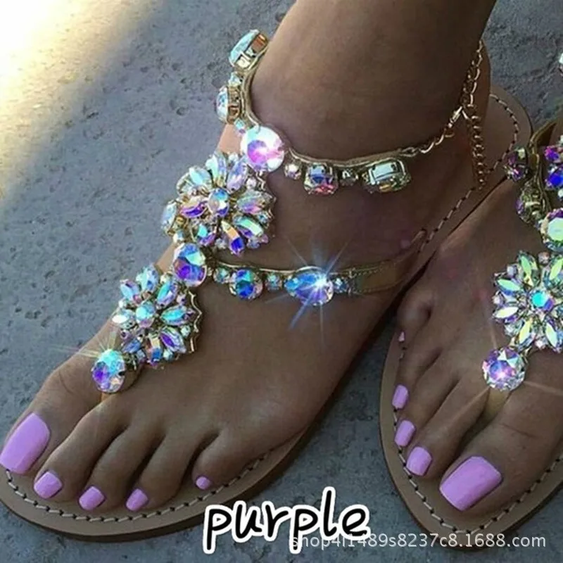 

Women Sandals Women Summer Flat Flip Flops Rhinestones Chains Gladiator Flat Sandals Crystal Chaussure Plus Size Tenis Feminino