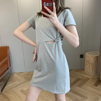 

Two Solid Color Women Cotton Short Dress Side Knotted Hollow out Short Sleeve Spring Summer O-neck Wild Dress
