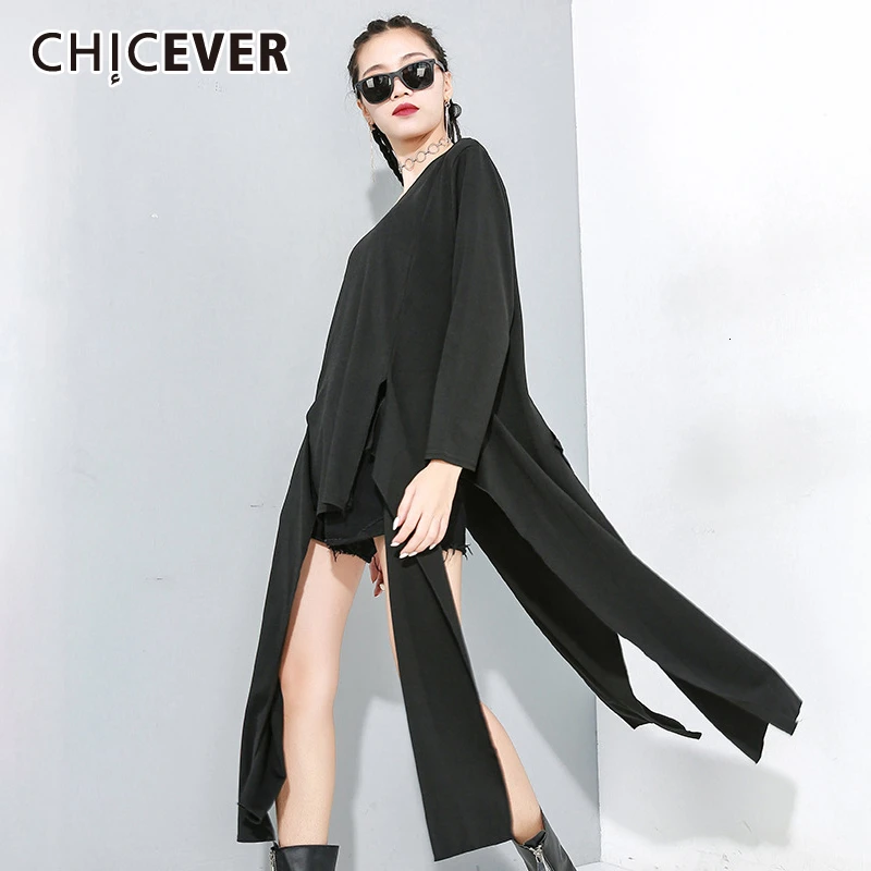 CHICEVER Асимметричная женская рубашка с длинным рукавом и круглым вырезом с шарфом, повседневные Асимметричные футболки, женская одежда, новинка