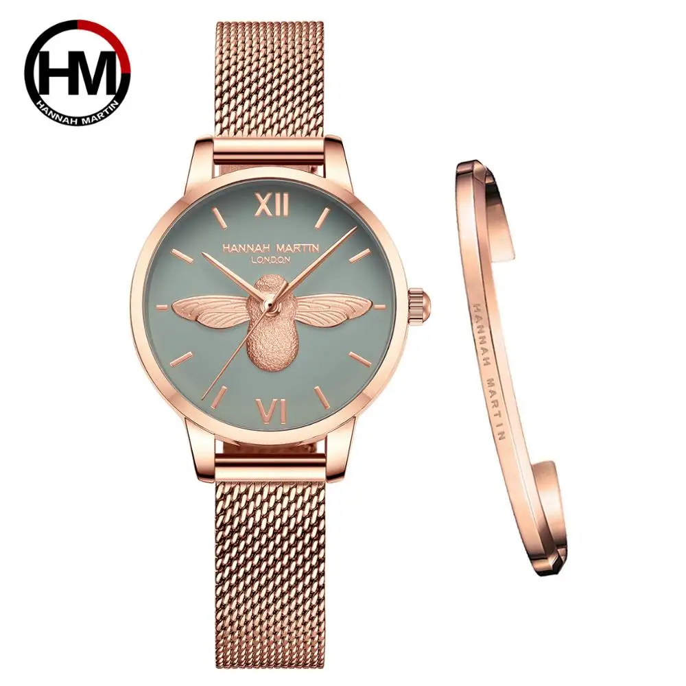 

Japan Quartz Movement Women Watch 1 set Bracelet Simple 30m Waterproof Stainless Steel Mesh Bee Personality Design Ladies Watch