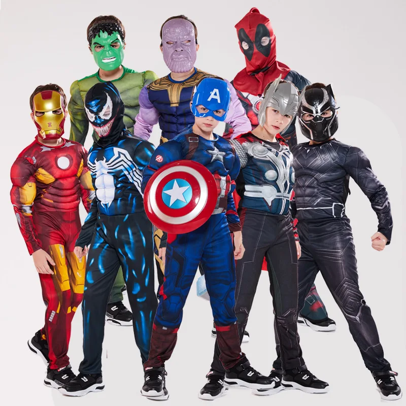

The Avengers Kids Superhero spiderman Captain America iron man panther Thor Cosplay Muscle Clothing Halloween Costume for Kids