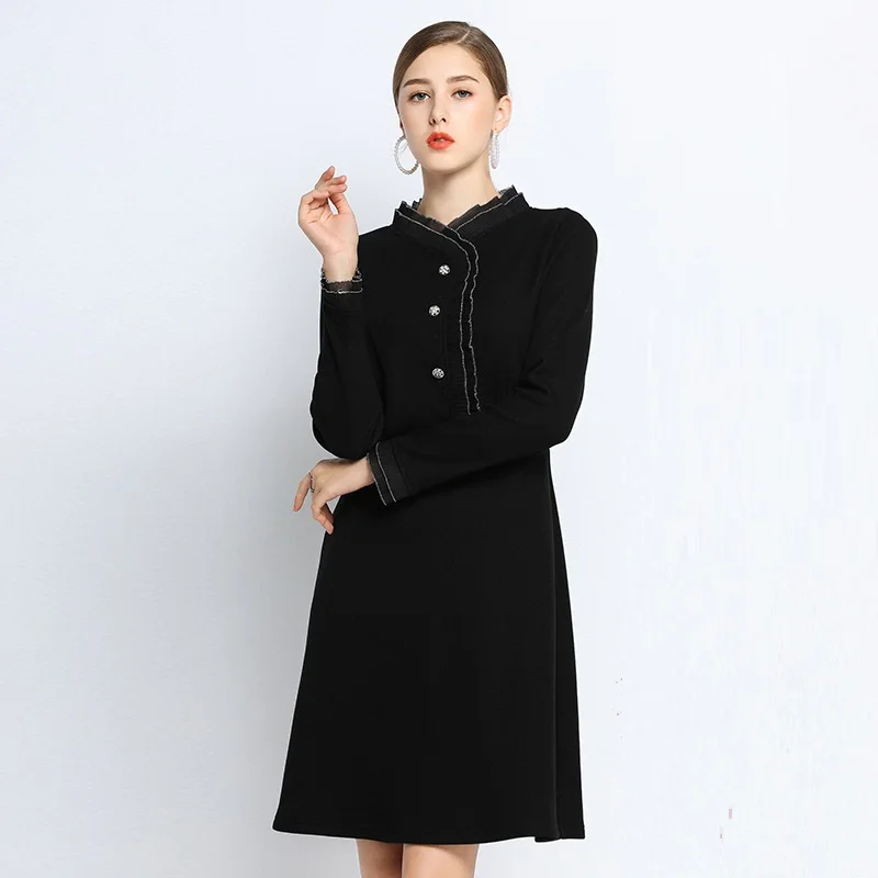 Зимнее элегантное женское платье большого размера, теплое флисовое черное платье со стоячим воротником, приталенное платье для вечеринок, повседневное vestidos 5XL
