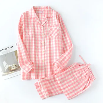 

Spring and Autumn Couple Models Cotton Homewear Men and Women Gauze Lapel Cardigan Sleepwear Sets Plaid Pajamas with Stanamas