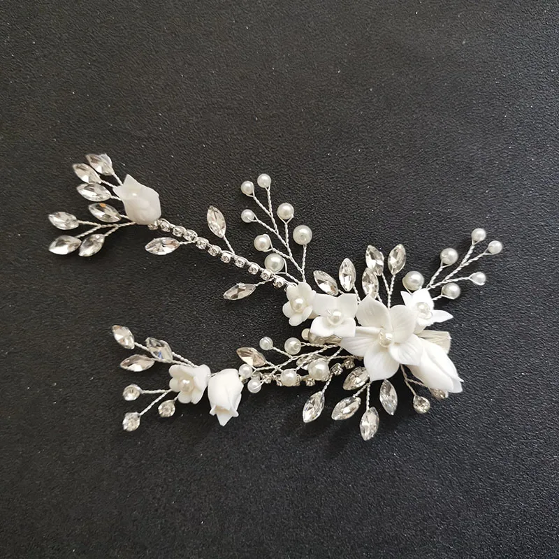 SLBRIDAL Wired Crystal Rhinestone Wedding Ceramic Flower Hair Clip Barrettes Bridal Headdress Accessories Women Jewelry | Украшения и