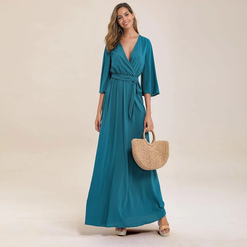 Womail женское платье с v-образным вырезом и рукавом три четверти, платье с принтом, Пляжное длинное платье с рукавом, укороченные длинные платья с поясом