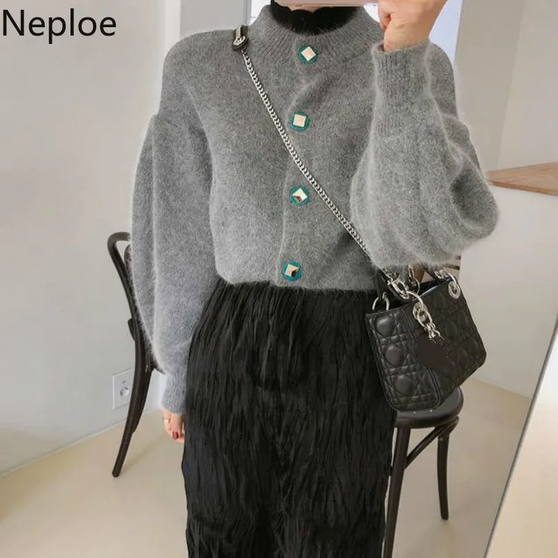Neploe корейские рукава-фонарики вязаный женский кардиган с круглым вырезом однотонный толстый свитер пальто свободные тонкие короткие студенческие Pull Femme осень 46228