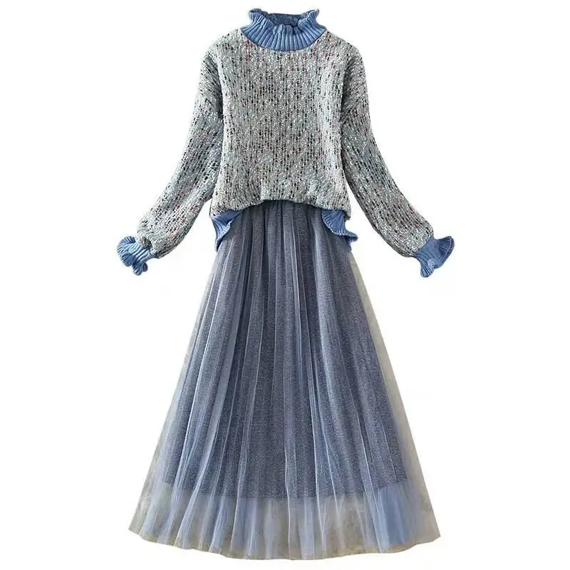 

2019 New Autumn Women Patchwork Knit Pullover Tweed Weave Sweater Top+High Waist Bling Striped Long Mesh Skirt 2 Piece Sets K283