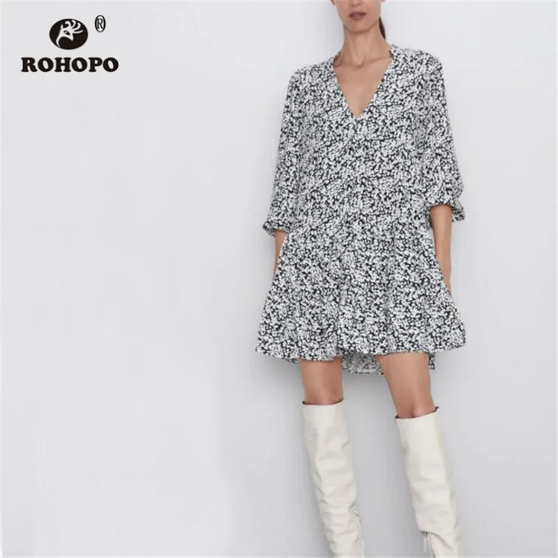 ROHOPO/осеннее винтажное платье с длинным рукавом и принтом снега плиссированное