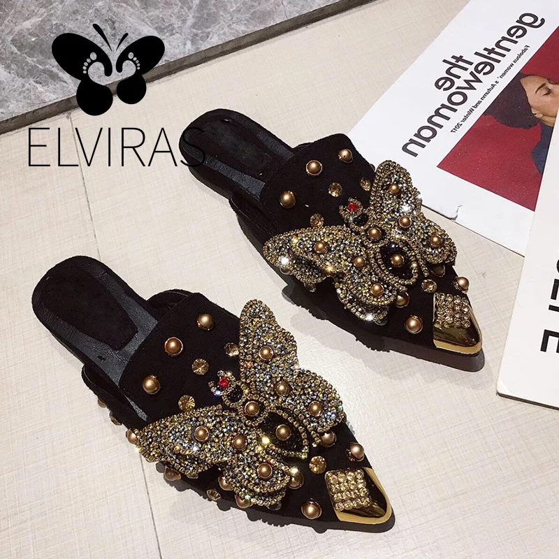 ELVIRAS; женские сандалии на плоской подошве без застежки; коллекция года; модные роскошные сандалии с заклепками и стразами; шлепанцы без задника