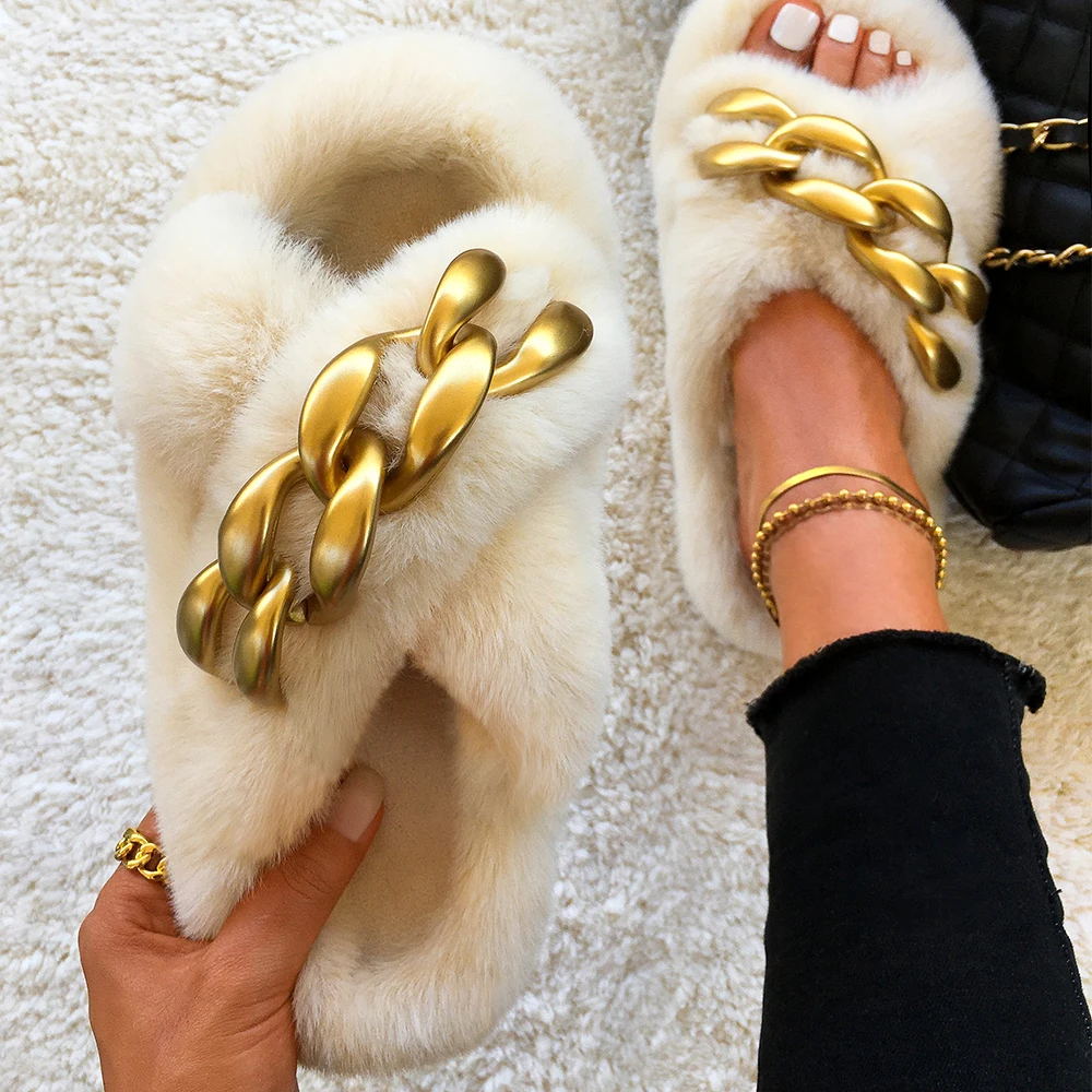 Furry Slides For Women Fluffy Flip Flops Fashion Chain Faux Fur Slippers Casual Shoes Ladies Flat Indoor Slippers Summer Sandals