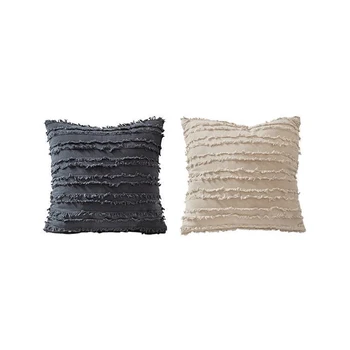 

2x Cushion Cover Floral Tassels Square Pillow Case Cotton Pillow Cover Home Decoration Sofa 45X45cm -Khaki & Gray