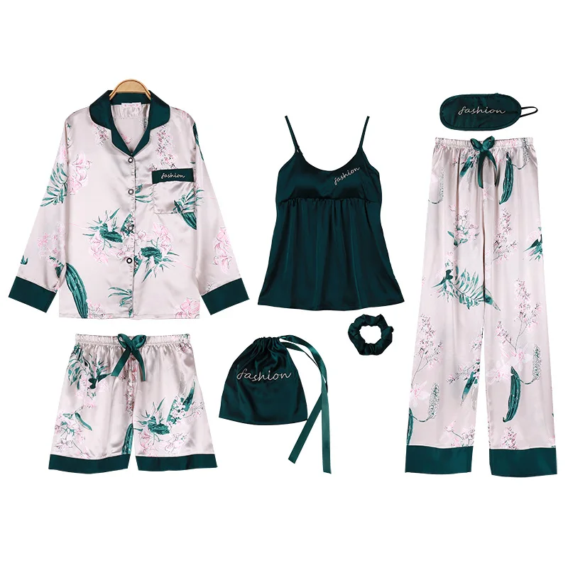

With Chest Pad Four Seasons Seven Sets Pajamas Female Summer Silk Short Sleeved Shorts Suit Korean-style Sexy Camisole Home Wear