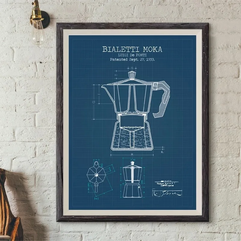 Caffettiera Poster E Stampe Bialetti Moka Coffee Blueprint Poster Art Picture Europe Canvas Painting Kitchen Wall Art Decor