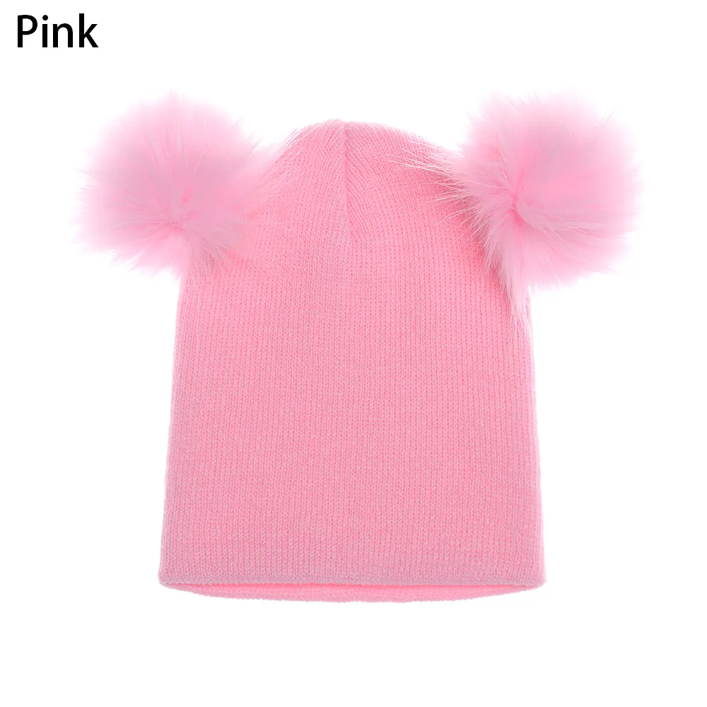 pink Новинка; детский вязаный головной убор с плюшевыми помпонами; Мягкая Милая шерстяная шапка с двойным помпоном для малышей; теплая зимняя шапочка для малышей - Цвет: pink