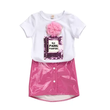 

2PCS WLG Girls Clohtes Kids Summer White Short Sleeve T Shirt and Red PU Skirt Set Baby Girl Cute Outfits for 2-6 Years