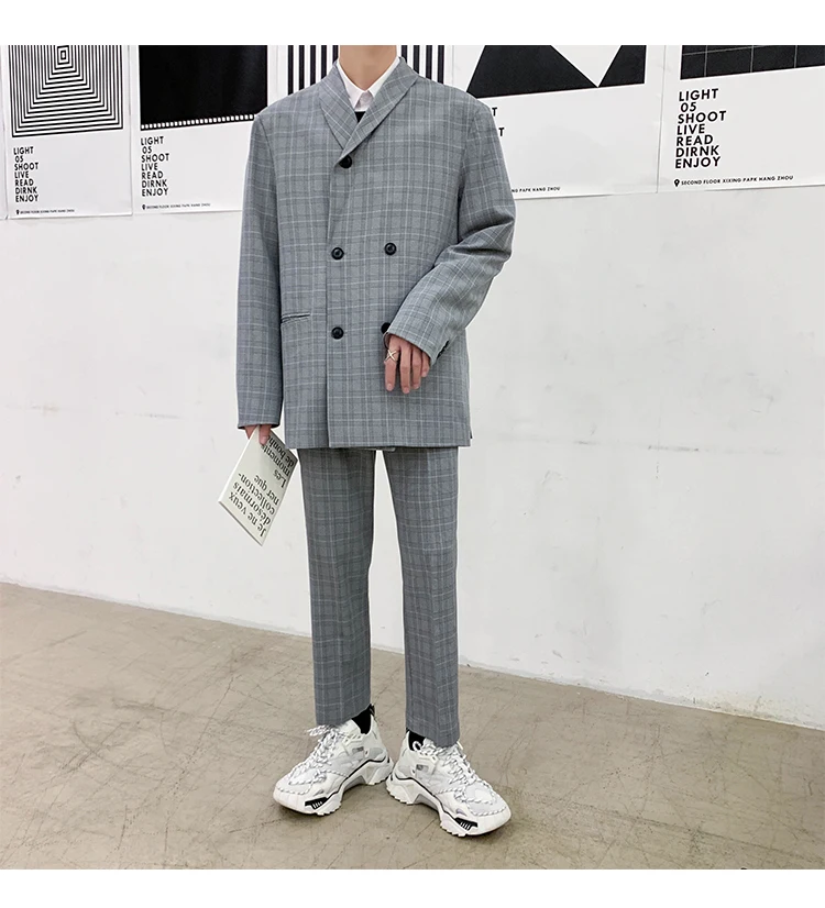 Men's Streetwear Lattice Printing Two Single Western Coats High-quality Suit Jacket Casual Loose Blazers Plus Size M-XL