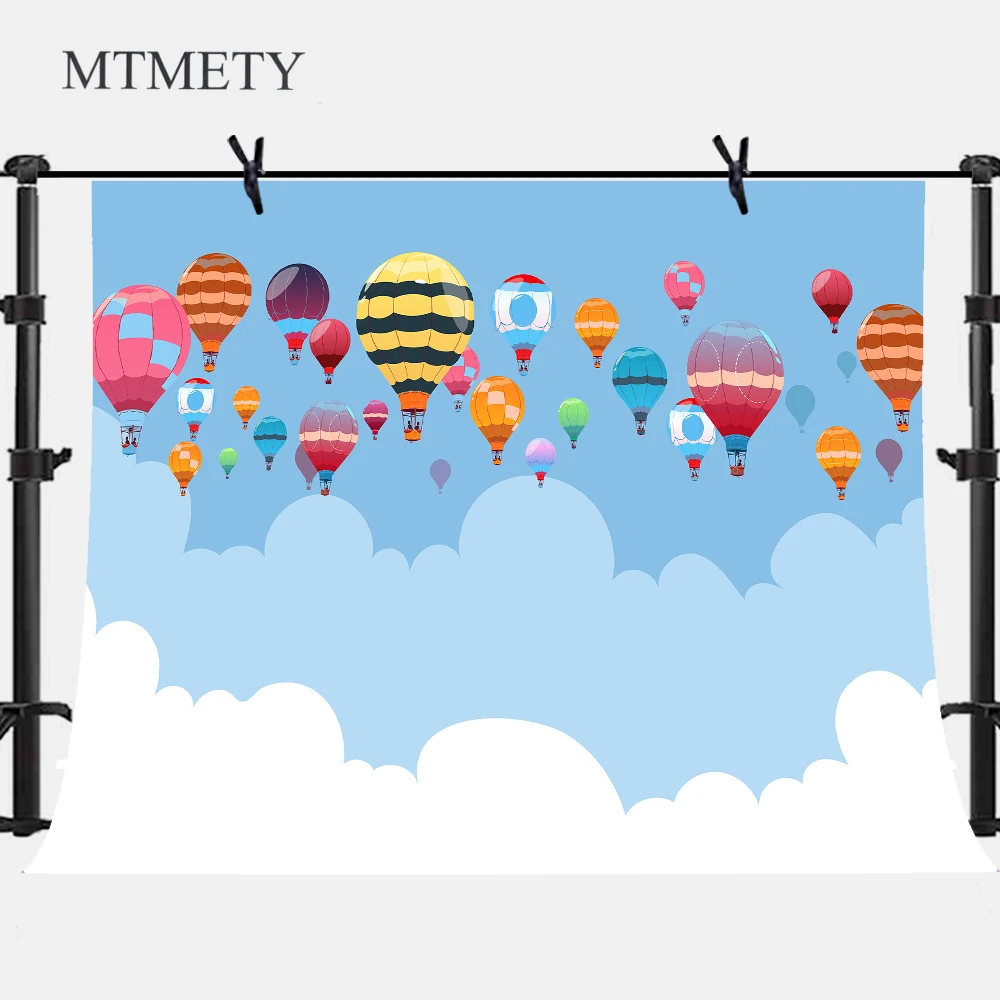 

MTMETY Backgrounds for Photography Studio Blue Sky White Cloud Colorful Hot Air Balloon Birthday Backdrop Customize Photocall