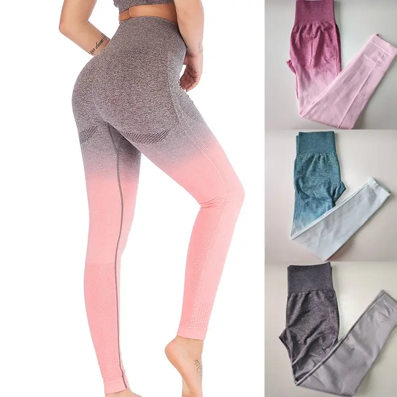 Yoga Pants Gradient Color High Waist Seamless Tight Fitness Trousers Hip Exercise Nine Pants