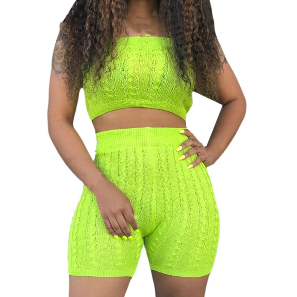 

Elegant Knitted Sexy Bodysuits Women Sleeveless Summer Slim Rompers Female Off Shoulder Basic Playsuits 2 Pieces Sets Overalls