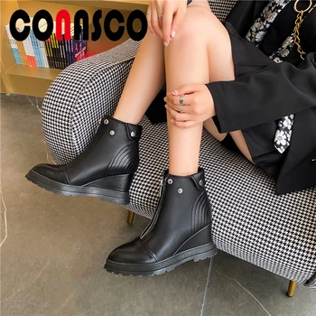 

CONASCO Fashion Women Ankle Boots Autumn Winter Genuine Leather Pointed Toe Shoes Casual Zipper Wedges Heels Short Boots Woman