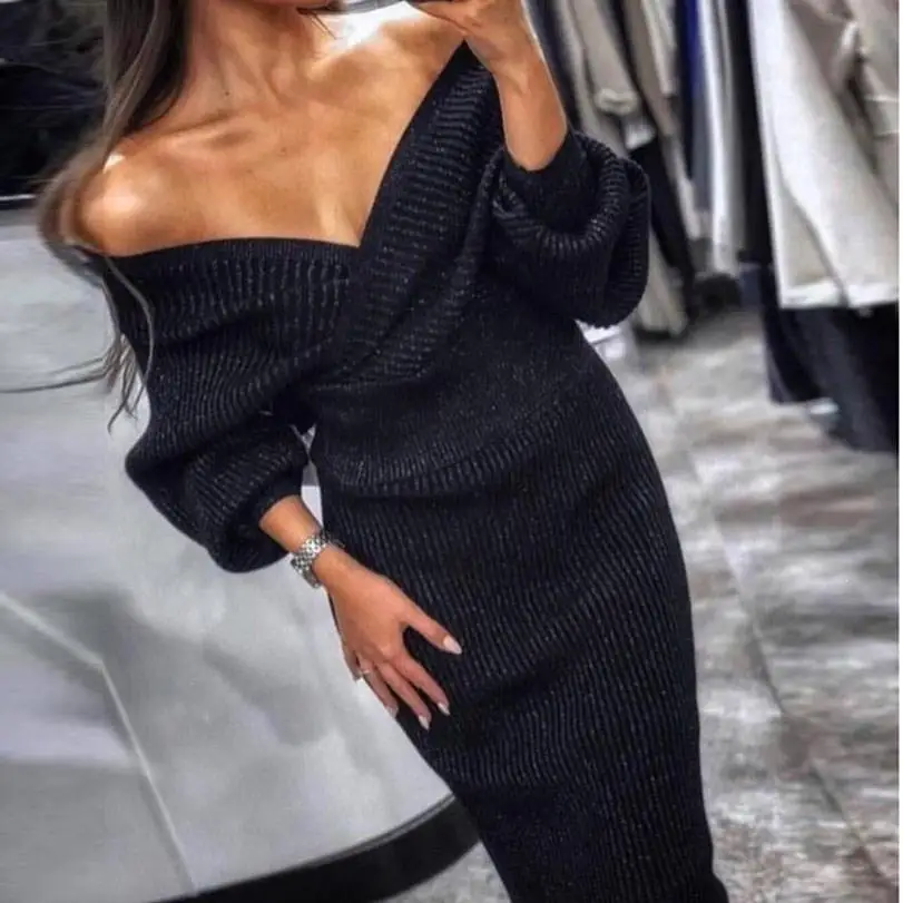 Вязаный женский комплект 2 шт. пуловер с длинным рукавом свитер юбка-карандаш комплект с v-образным вырезом Женский Вязанный костюм с юбкой - Цвет: Черный