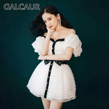 

GALCAUR Elegant Lace Dress Women Slash Neck Puff Sleeve High Waist Off Shoulder Patchwork Bow Dresses Female 2020 Summer New