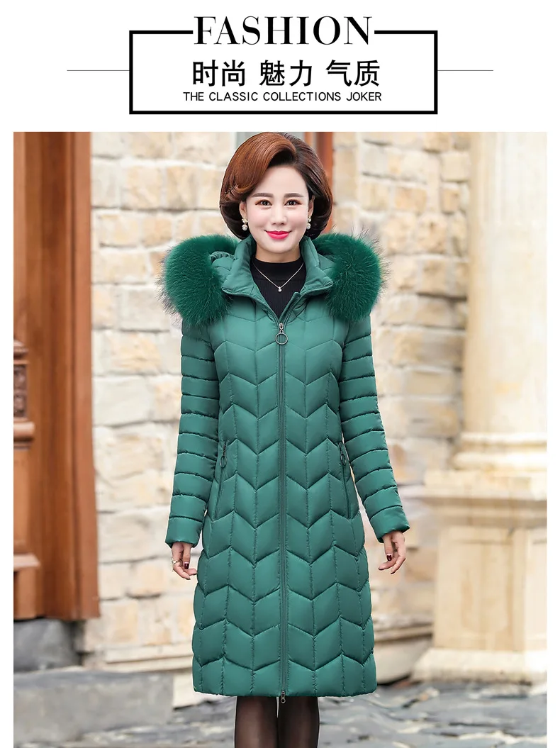 Off Season Middle Aged And Elderly People down Jacket Cotton-padded Clothes Women's Long over-the-Knee Large Fur Collar Hooded M