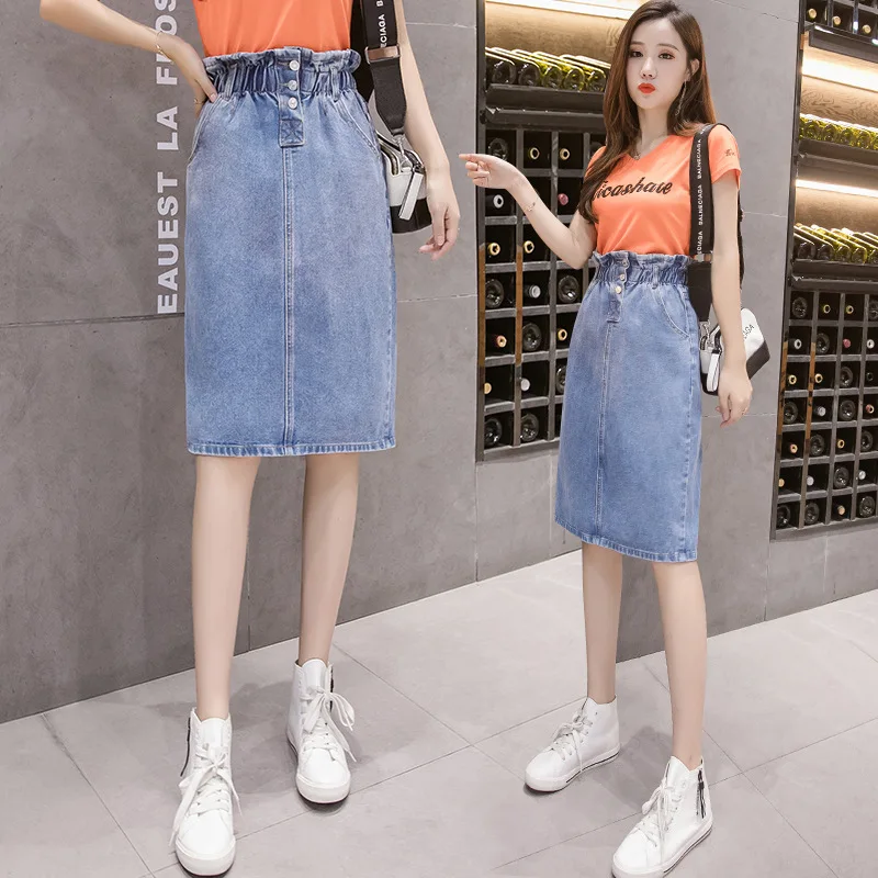 

Photo Shoot Denim Skirt Summer Women's 2019 New Style Medium-length High-waisted Slimming Slit One-step Skirt A- Line Sheath Ski