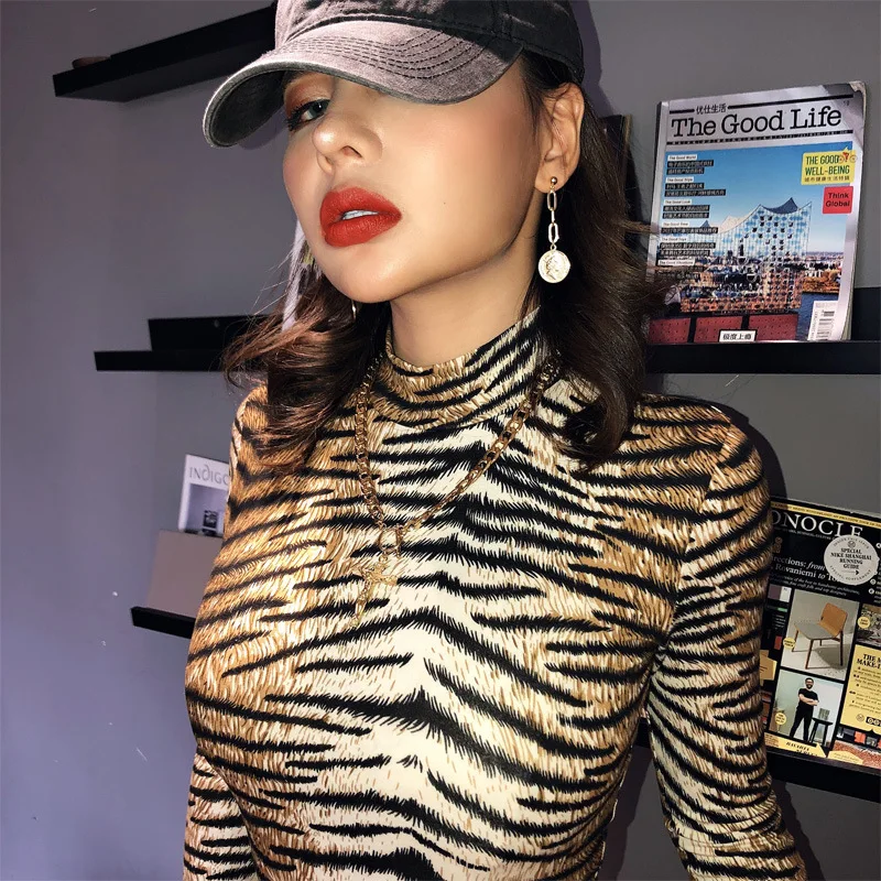 Shestyle Long Sleeve Tiger Animal Print Bodysuits Women Sexy Bodycon Turtleneck Cotton Autumn Winter Body Ladies 2019 Fashion lace bodysuit