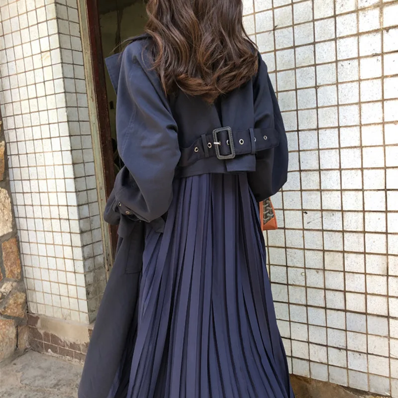 Spring Autumn Women Windbreaker Coat Casual Chiffon Splice Pleated Long Trench Loose Office Lady Belted Thin Female | Женская одежда