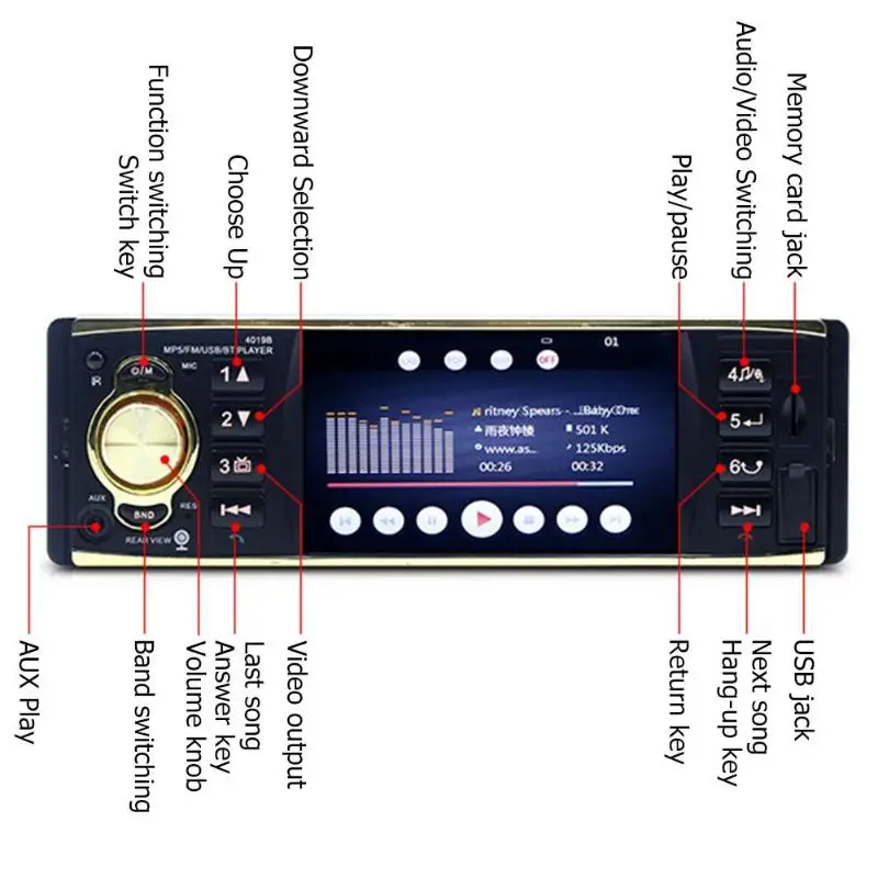 4019B Bluetooth автомобильный стерео MP5 плеер 4,1 дюймов AUX USB FM радио головное устройство