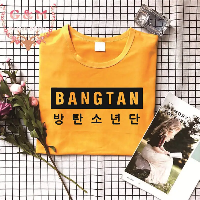 В стиле группы Bangtan Boys 방letter Letter Письмо печати Харадзюку Kpop корейский стиль Женская футболка мода короткий рукав хлопок женские летние топы - Цвет: yellow t black words