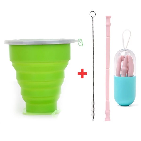 Green with Pink 270 мл дорожная чашка многоразовый силикон складывающиеся чашки со складными соломинками телескопические кофейные чашки для спорта на открытом воздухе - Цвет: Green with Pink