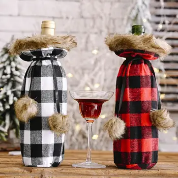 

Christmas Plaid Wine Bottle Cover with Pom Pom Ball Bottle Dust Cover New Year Gift Tableware Bag Christmas Decorations for Home