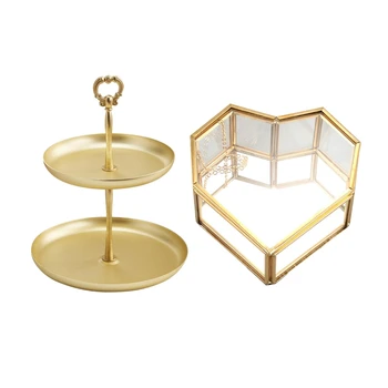 

Two-Tier Golden String Disk - Entrance Key Mirror Tray with Flip Love Heart Shaped Geometric Glass Jewelry Box