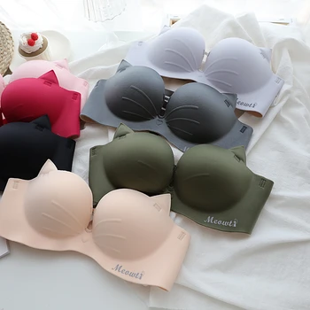 

New 7 Color Women Seamless Underwear Sexy Kitten Ear Simple Bra Set Summer Deep V Hollow Push Up Bras Wireless Comfort Lingerie