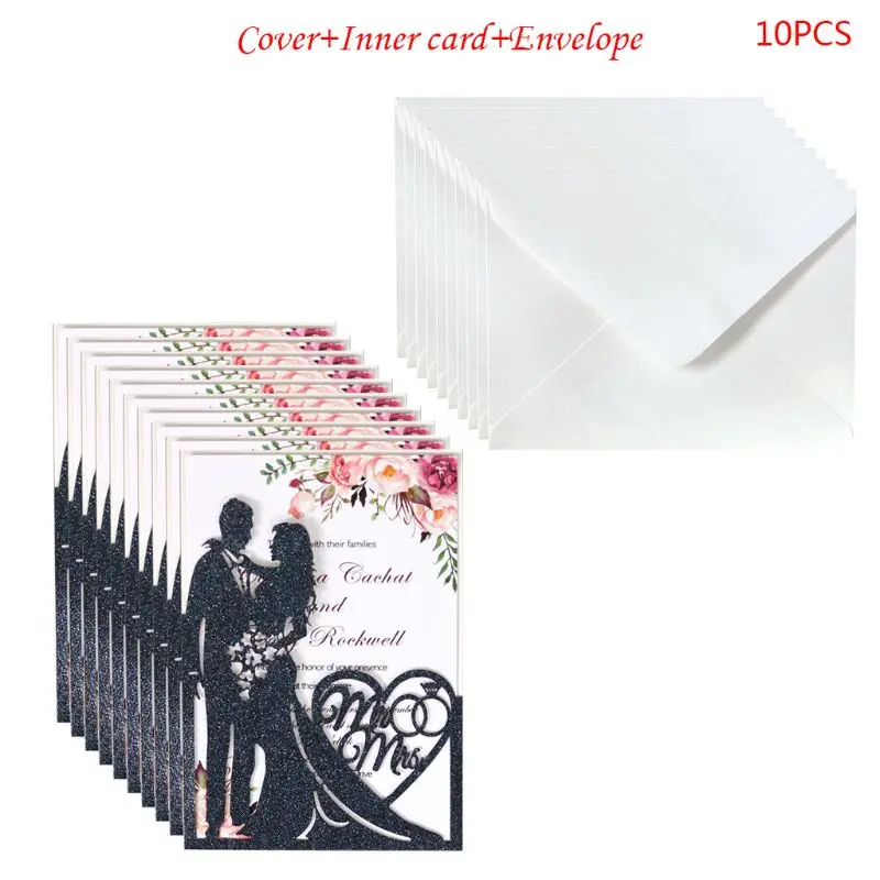  10pcs/set Glitter Laser Cut Paper Mr & Mrs Wedding Invitations Card Party Supplies - 4.00029E+12