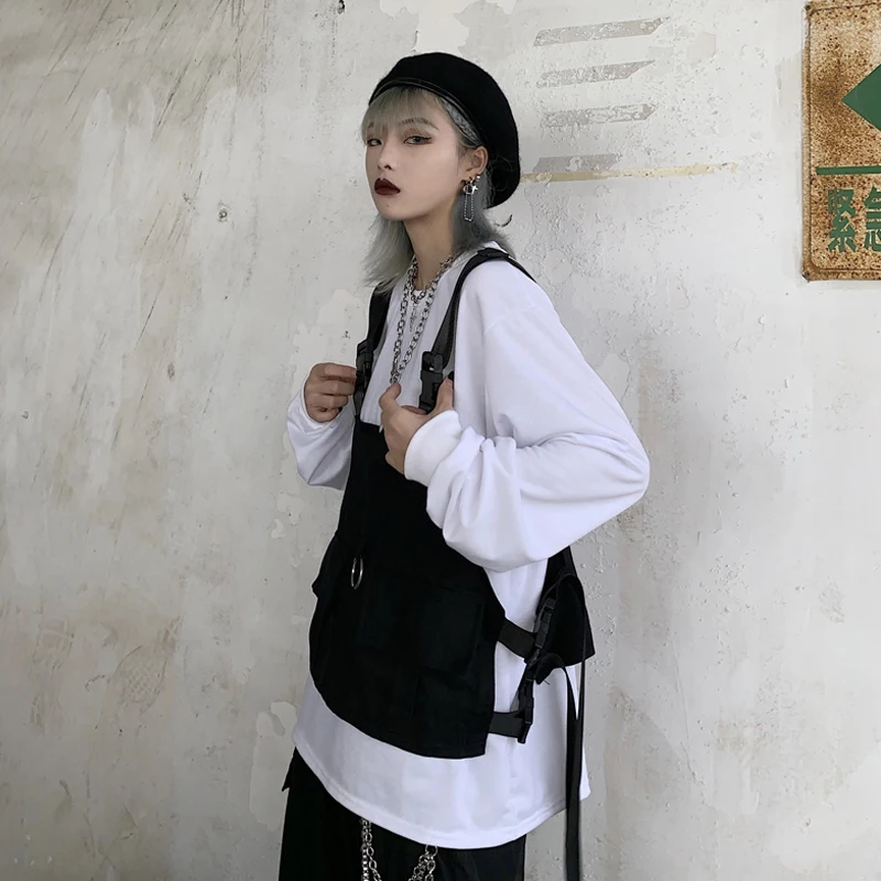 Harajuku стиль жилет Мужская Женская безрукавка уличная Регулируемая мода талии пальто карманы, набедренный хоп тактические куртки черный