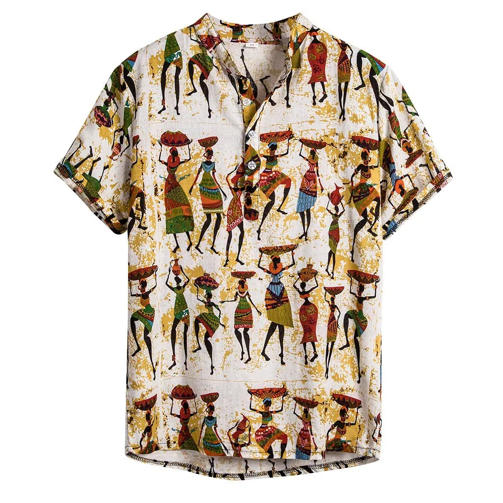 KLV для мужчин s Этническая короткий рукав Повседневная хлопковая льняной с принтом гавайская рубашка Блузка camisa masculina chemise homme рубашка для мужчин 9815