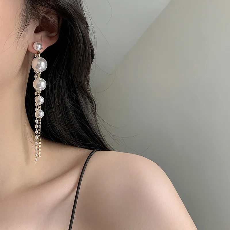 Korean Fashion Full Pearl Long Tassel Rhinestone Drop Earrings for Women New Design Hangable Ear Line Earring Jewelry